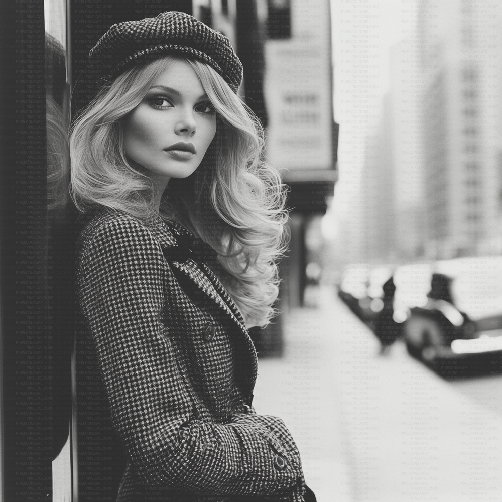 Retro black and white editorial stock photo of blonde fashion model in city