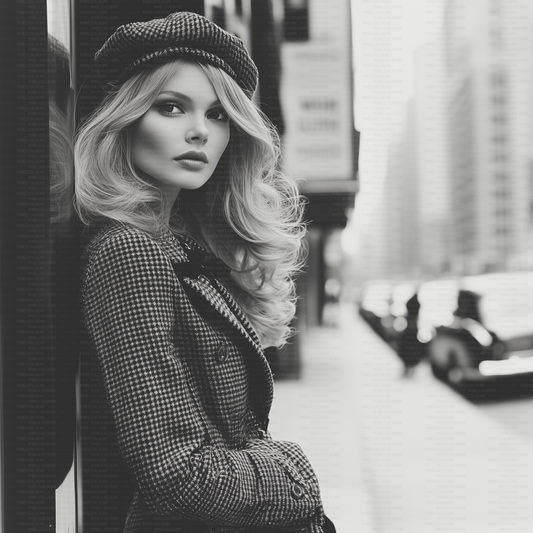 Retro black and white editorial stock photo of blonde fashion model in city