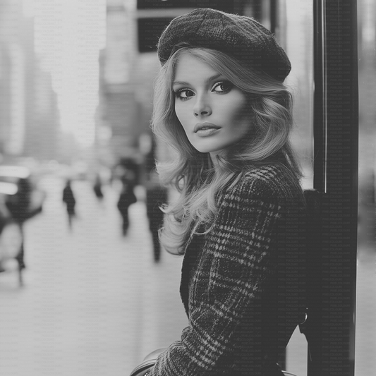 Retro black and white editorial stock photo of blonde fashion model in city