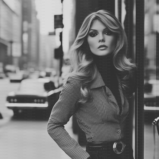 Retro black and white editorial stock photo of blonde fashion model in city