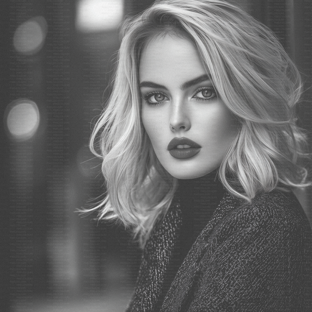 Retro black and white editorial stock photo of blonde fashion model with blazer