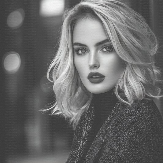 Retro black and white editorial stock photo of blonde fashion model with blazer