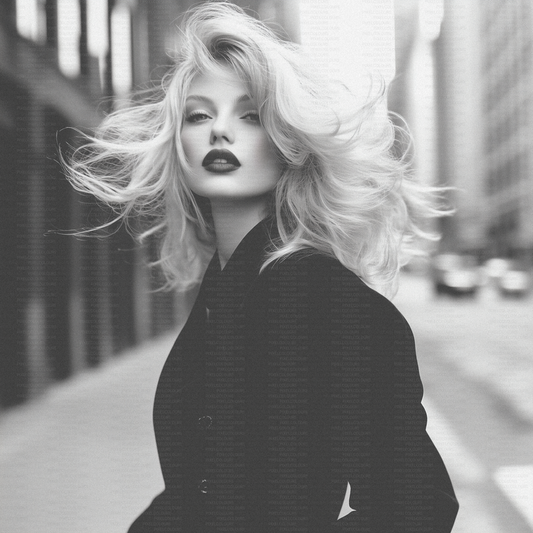 Retro black and white editorial stock photo of blonde fashion model in city