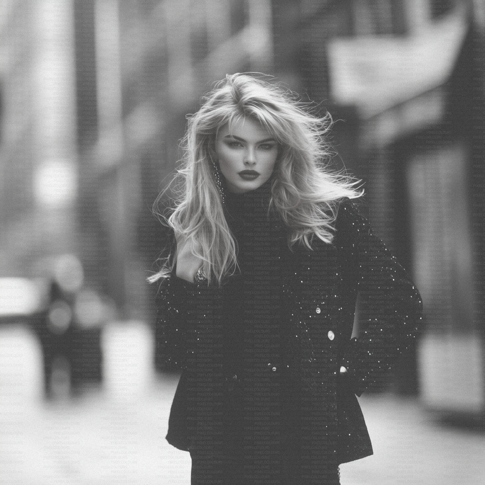Retro black and white editorial stock photo of blonde fashion model in city