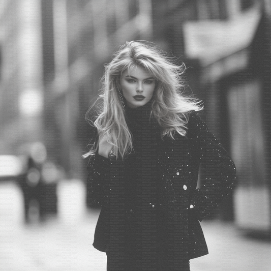 Retro black and white editorial stock photo of blonde fashion model in city
