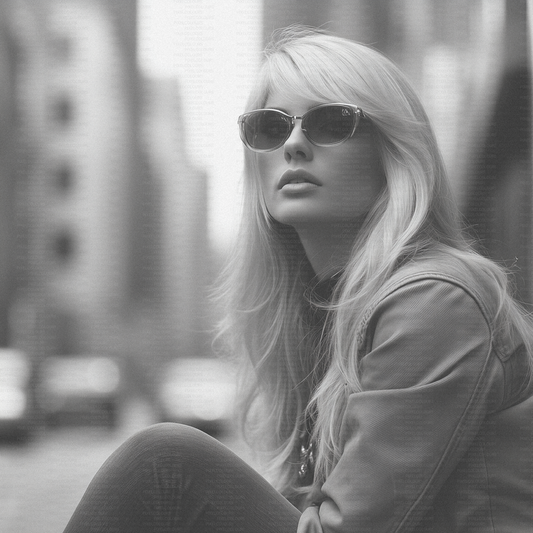 Retro black and white editorial stock photo of blonde fashion model with sunglasses
