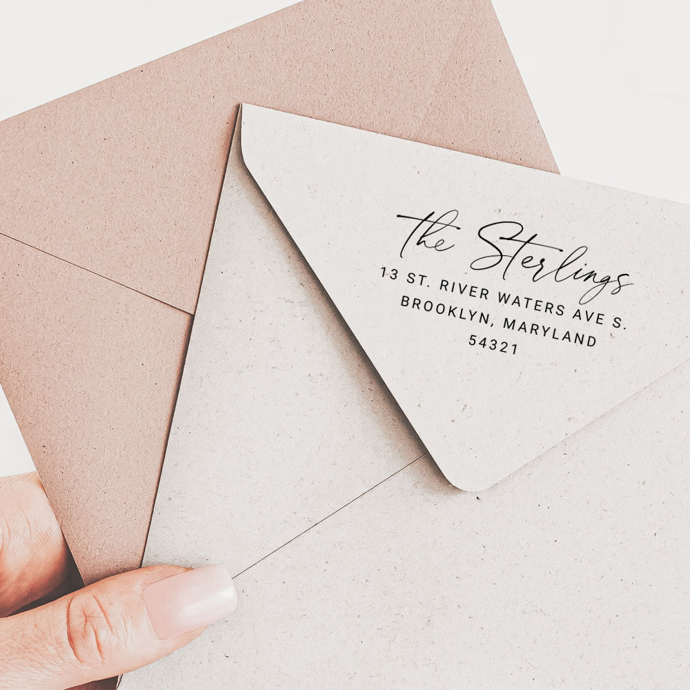 Calligraphy return address stamp in elegant signature font