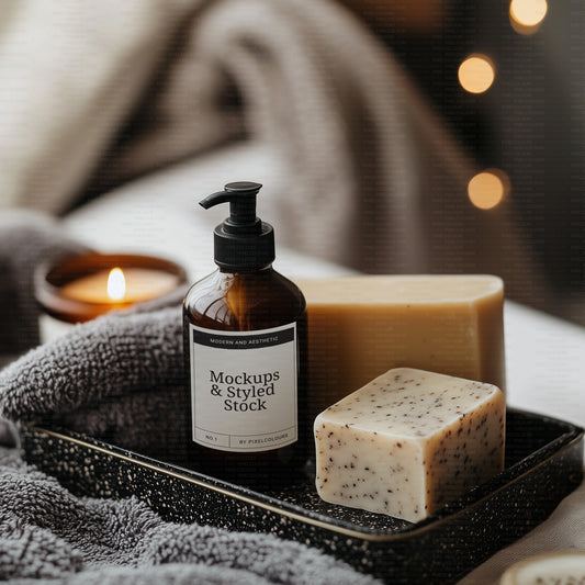 Mockup of amber bottle with white label on tray in boho bathroom setting