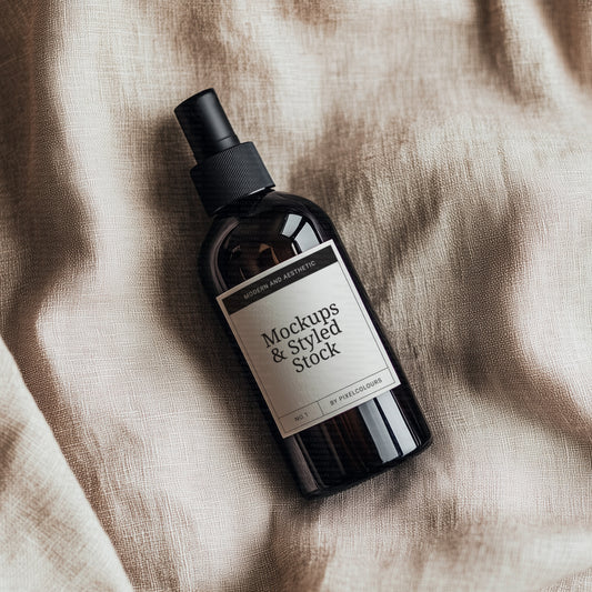 Mockup of amber bottle with white label over linen