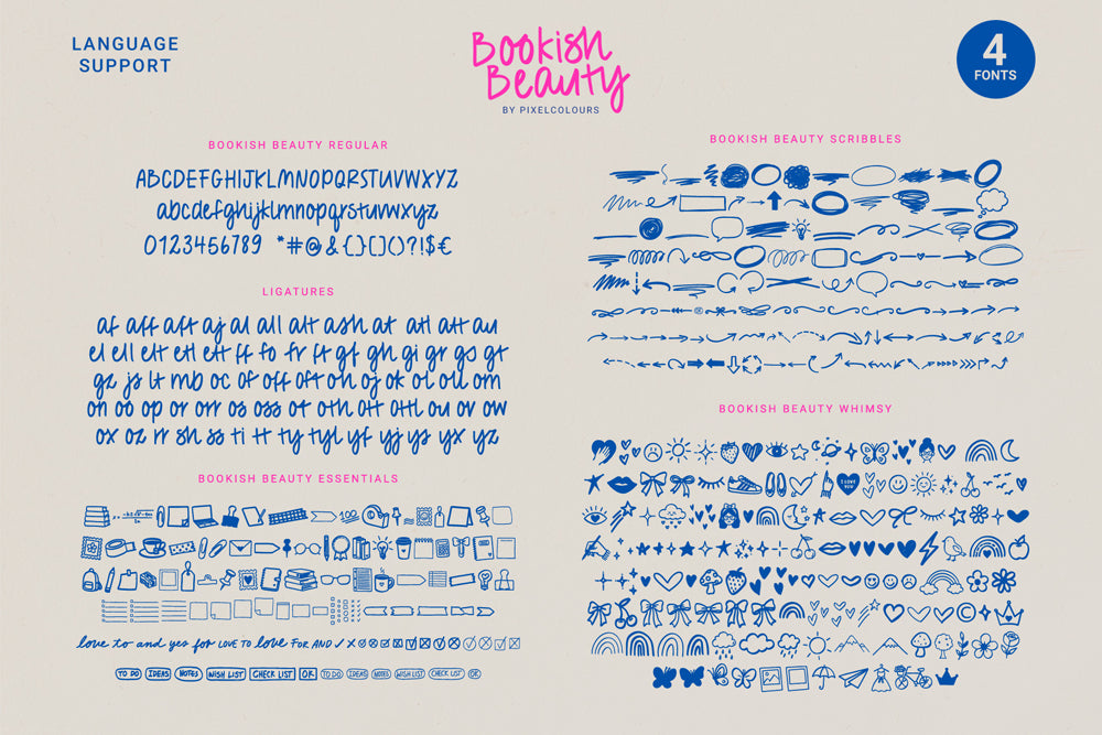 Bookish Beauty Handwritten Font and Doodles