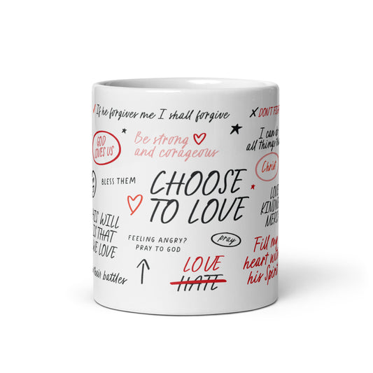 Christian coffee mug featuring love affirmations and faith-inspired messages in handwritten fonts, decorated with delicate illustrations