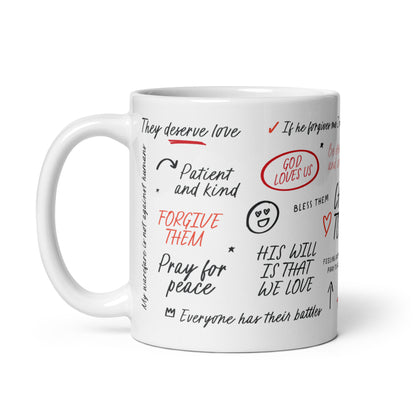 Christian coffee mug featuring love affirmations and faith-inspired messages in handwritten fonts, decorated with delicate illustrations