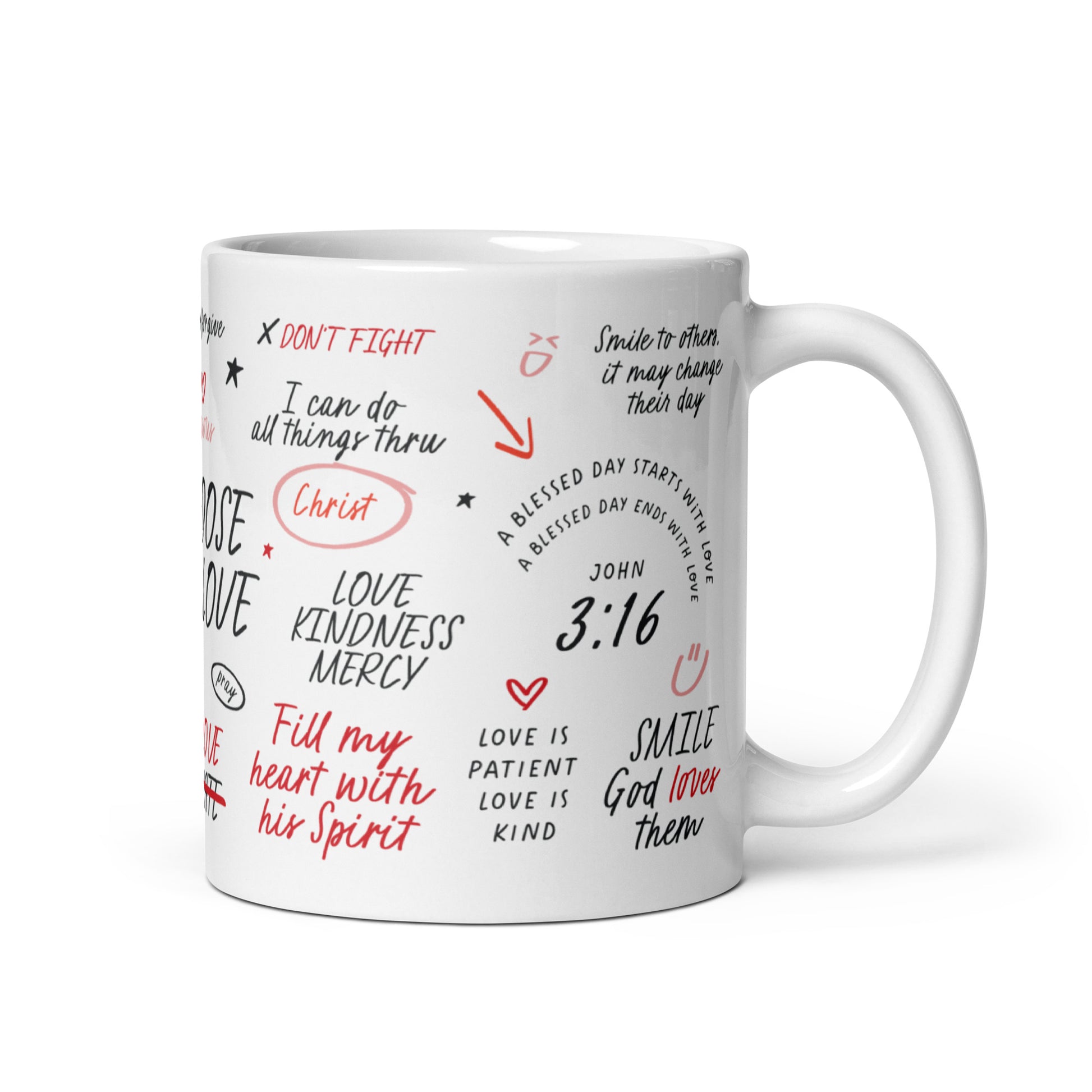 Christian coffee mug featuring love affirmations and faith-inspired messages in handwritten fonts, decorated with delicate illustrations