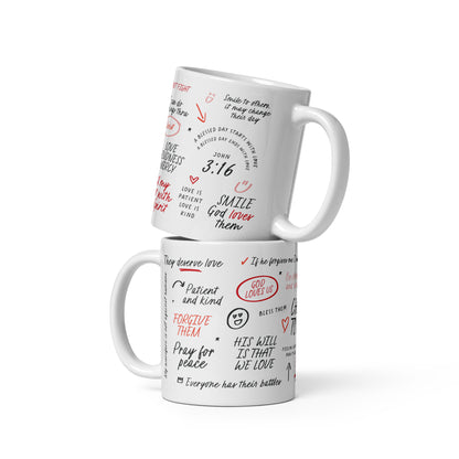Two Christian coffee mugs featuring love affirmations and faith-inspired messages in handwritten fonts, decorated with delicate illustrations