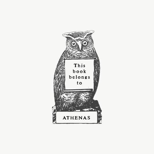 Custom book stamp featuring a vintage owl illustration and "This book belongs to" text in a vintage font
