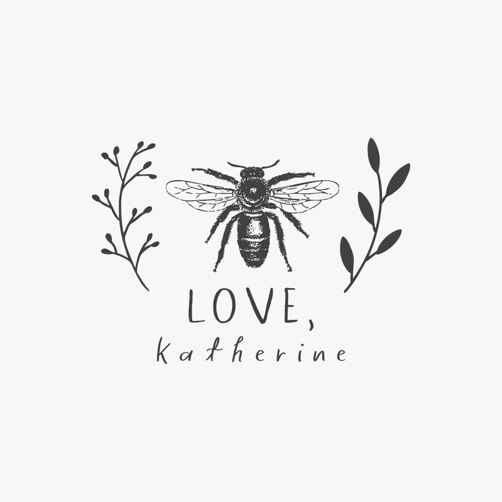 Custom stamp featuring a bee illustration with botanical elements and a handwritten font