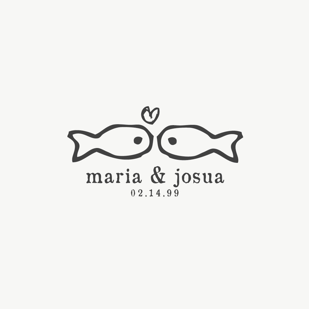 Custom wedding stamp featuring a hand-drawn illustration of two love fishes, perfect for beach or coastal weddings