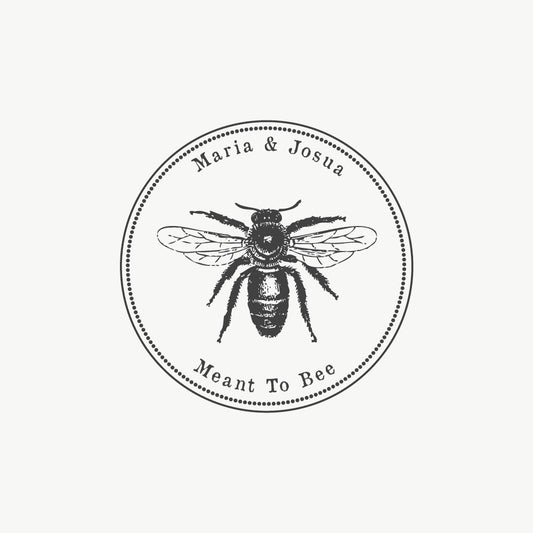 Custom wedding stamp with a round design featuring a vintage bee illustration and the phrase "Meant to Bee"