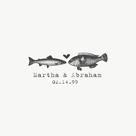 Custom wedding stamp featuring a vintage illustration of two love fishes, perfect for beach or coastal weddings