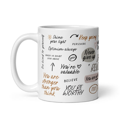 Daily reminders mugs featuring positive affirmations in handwritten fonts, decorated with delicate illustrations