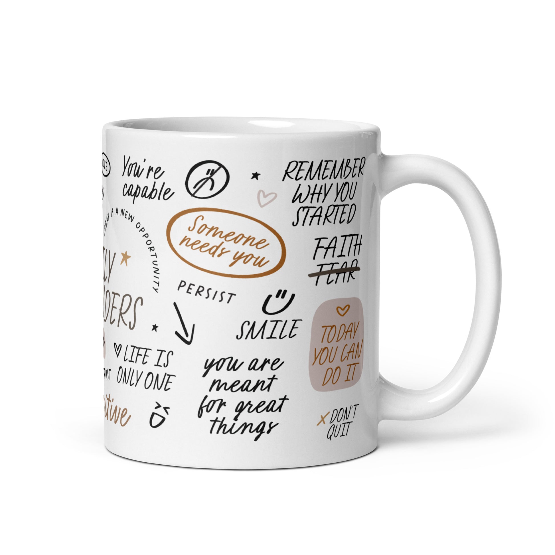 Daily reminders mugs featuring positive affirmations in handwritten fonts, decorated with delicate illustrations