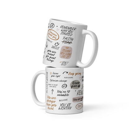 Daily reminders mugs featuring positive affirmations in handwritten fonts, decorated with delicate illustrations