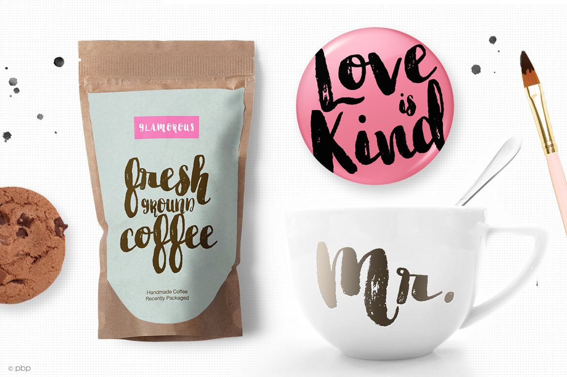 Product mockups featuring hand-painted brush font with natural strokes and texture, available for free download