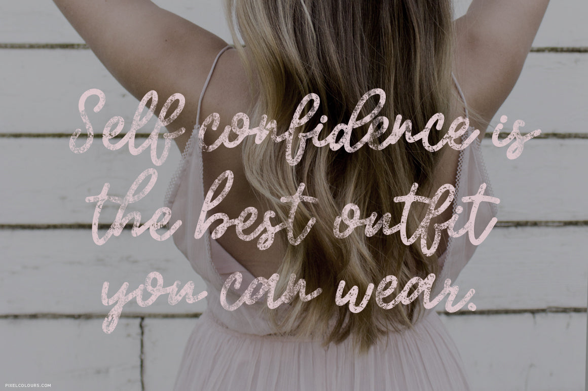 Woman with self confidence quote featuring monoline script font with a bouncy baseline, available for free download
