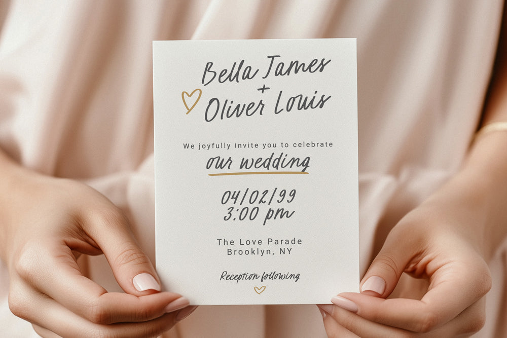Hands holding wedding invitation feauturing a handwritten script font