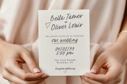 Hands holding wedding invitation feauturing a handwritten script font