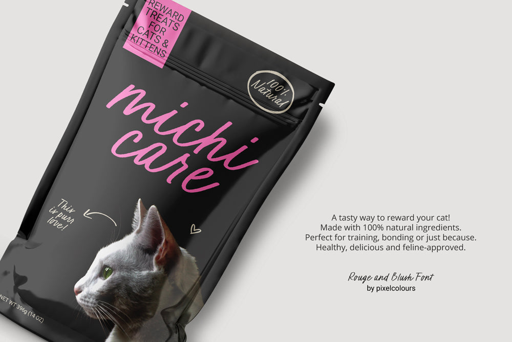 Packaging of cat food featuring handwritten script font