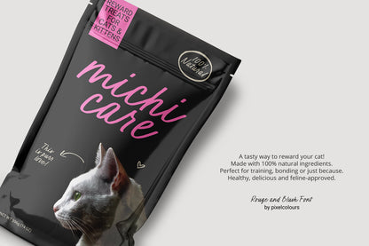 Packaging of cat food featuring handwritten script font