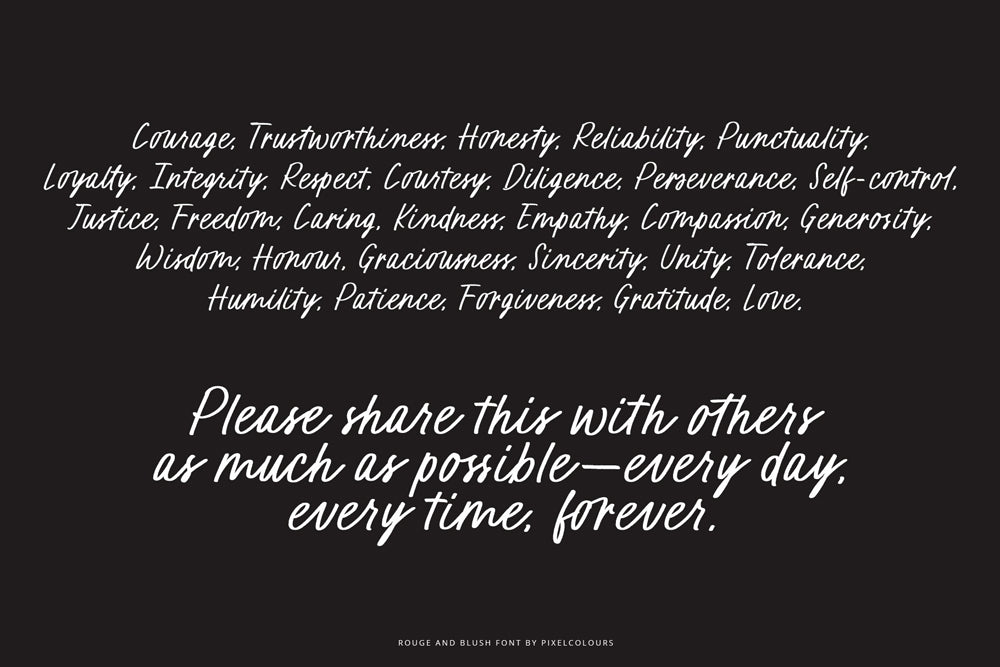 Positive affirmation words representing moral values, written in handwritten script font