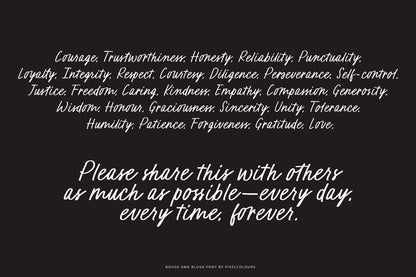 Positive affirmation words representing moral values, written in handwritten script font