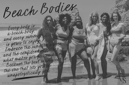 Victoria's Secret ad-style featuring women beach bodies and handwritten script font