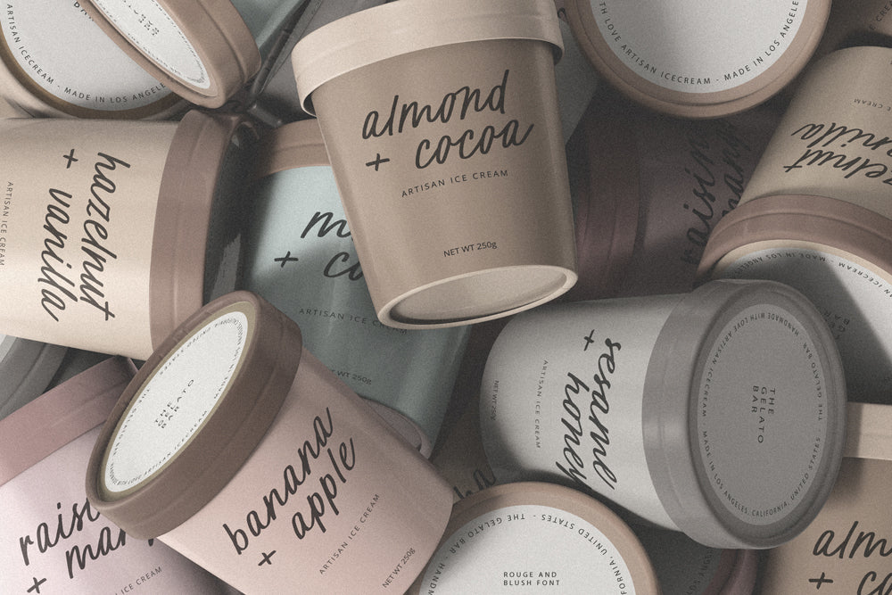 Ice cream boxes featuring typography design with handwritten script font