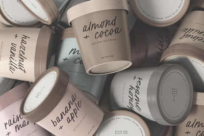 Ice cream boxes featuring typography design with handwritten script font