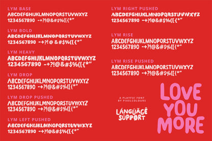 Display of various font styles on a red background with 'Love You More' text.