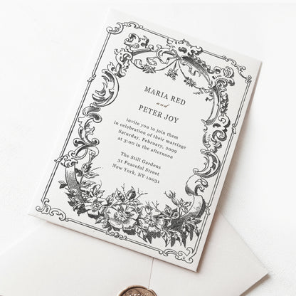 Wedding invitation stamp featuring a vintage floral frame and elegant fonts