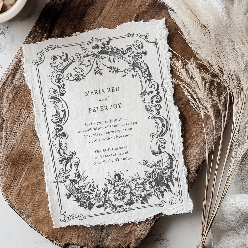 Wedding invitation stamp featuring a vintage floral frame and elegant fonts