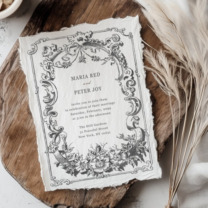 Wedding invitation stamp featuring a vintage floral frame and elegant fonts