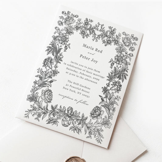 Wedding invitation stamp featuring a vintage floral frame and elegant fonts